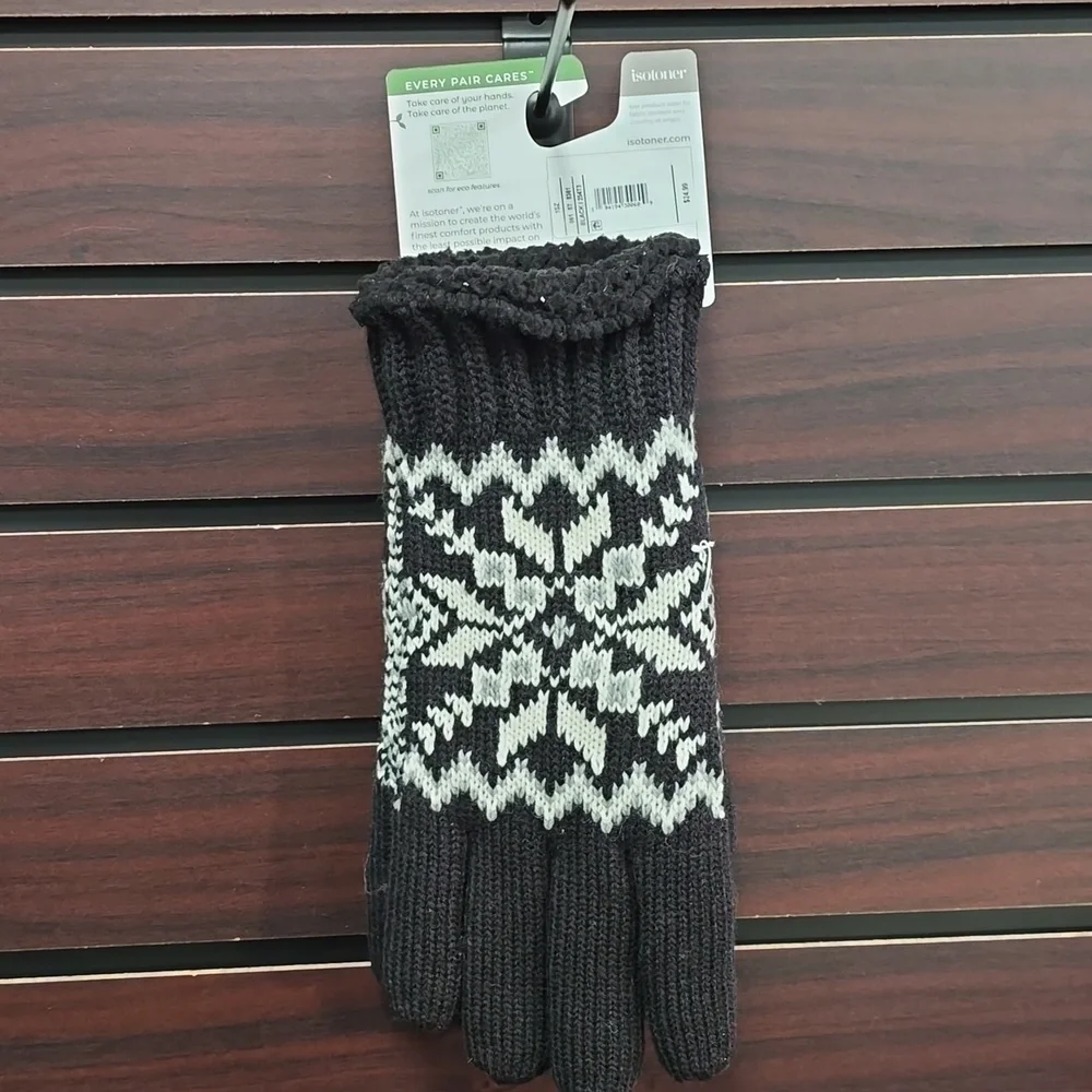 Isotoner | Adult Snowflake Knit Gloves – Black | Sherpasoft Lined  | OSFM